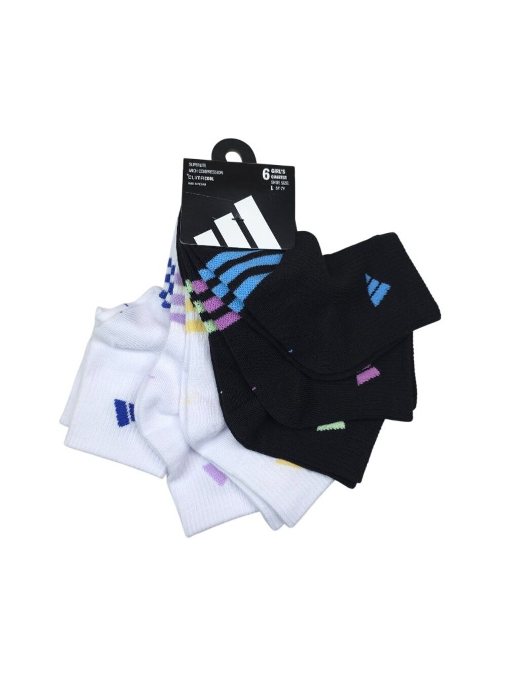 Adidas Girls Superlite Climalite Arch Compression Quarter Socks 6-Pack L (5Y-7Y)